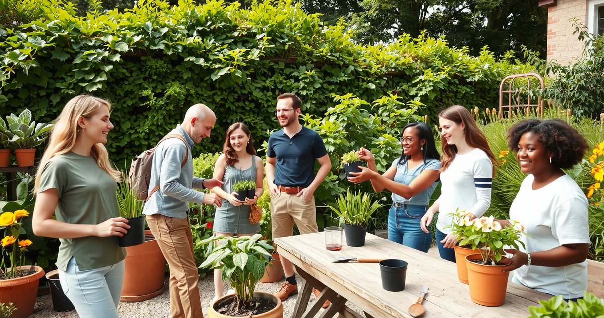 Diverse group of gardeners sharing plants in a Munich community garden