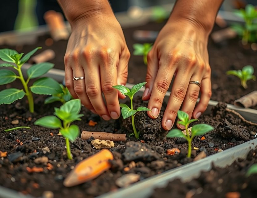Hands planting seedlings in a workshop setting